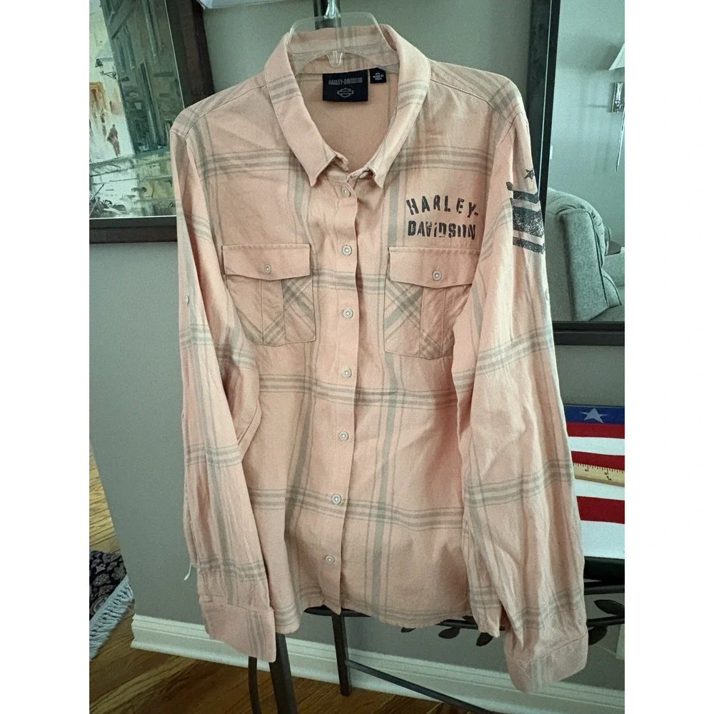 Harley Davidson flannel biker shirt outdoor plaid spring salmon orange women 2XL - Picture 4 of 15